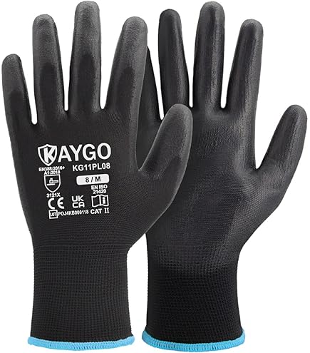 FUZZIO Werkhandschoenen voor heren, 12 paar, maat 8, monteurhandschoenen, zwart, tuinhandschoenen heren, werkhandschoenen dames, montagehandschoenen heren, latexcoating met handschoenclip
