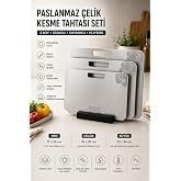 3&rsquo;l&uuml; 304 Paslanmaz &Ccedil;elik Kesme Tahtası Seti &ndash; Ahşap Standlı, &Ccedil;ift Taraflı Desenli Y&uuml;zey, Bulaşık Makinesinde Yıkanabilir, G&uuml;n