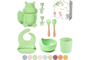 TudoBem Set Pappa Svezzamento [8 Pezzi] – Piatto con Ventosa, Ciotola Antiscivolo, Cucchiaio Silicone, Posate, Bicchiere, Bavaglino – Kit Silicone per Autosvezzamento Neonati e Bambini