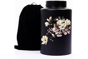 BOBODE Black Memorial Urn Cremation Decorative Urn Floral Funeral Human Ashes Urn,Large Adult Burial Urn for Male-Female Ashes, Cemetery Burial or Niche with Black Velvet Bag