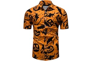 fohemr Herren Halloween Hemd Kurzarm Slim Fit Freizeithemd Kürbis Muster Lustig Funky Hemden Hawaii Shirt
