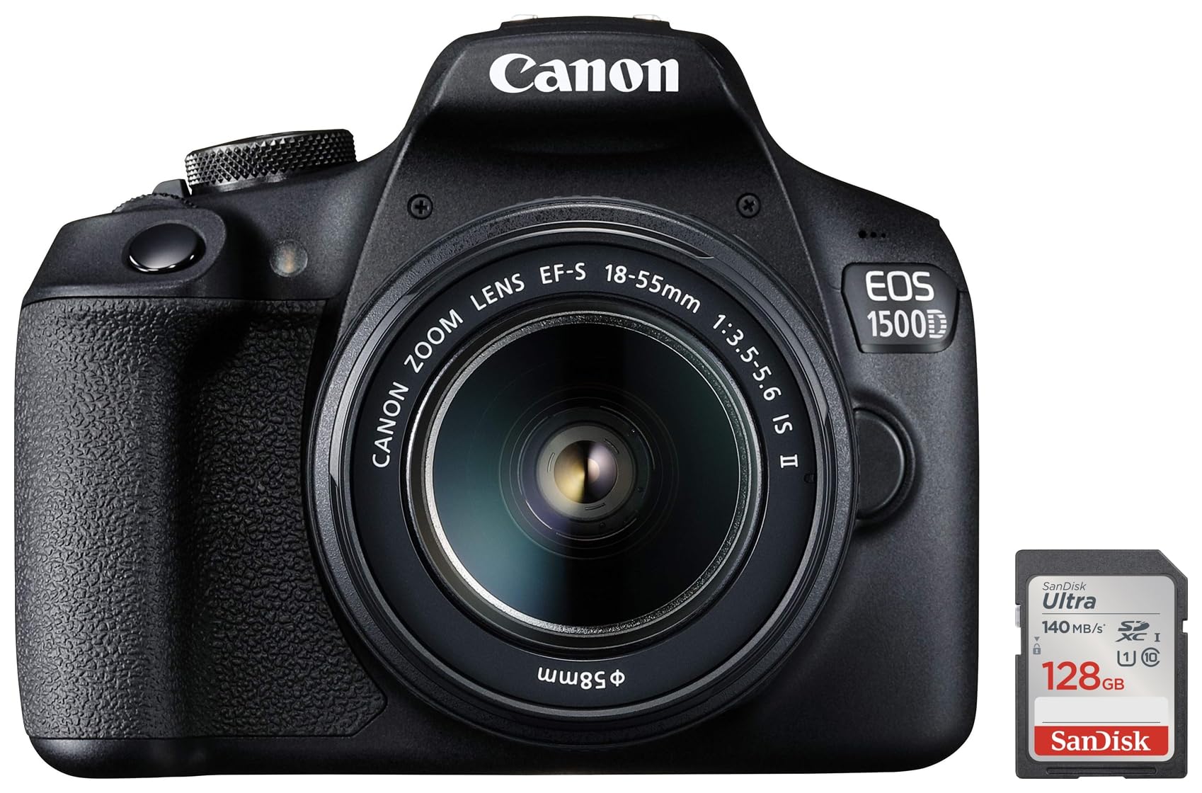Canon EOS 1500D 24.1 Digital SLR Camera (Black) with EF S18-55 is II Lens & SanDisk Ultra UHS I 128GB SD Card 140MB/s for DSL