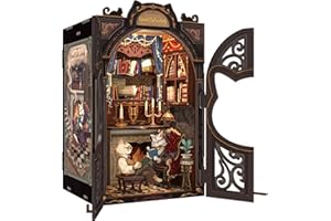 Cutefun Book Nook Kit - DIY Case delle bambole, kit diy in miniatura per casa delle bambole, fermalibri con inserto per libreria, kit di modelli con mobili e luce LED(Count Cat's Study)