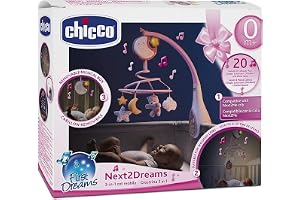 Chicco Karuzela dla Noworodka Next2Dreams z Elektroniczną Karuzelą do Łóżeczka i Gondoli, Kompatybilna z Łóżeczkiem Chicco Next2Me, z Efektami Dźwiękowymi, Łagodne Światła, Muzyka - 0+M, Różowa