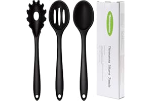 THIMMAMMA Cucchiai da cucina silicone, Set di 3 utensili da cucina in silicone resistenti al calore Cucchiaio forato et solido, Mestolo per Spaghetti per mescolare e servire, senza BPA, antiaderenti