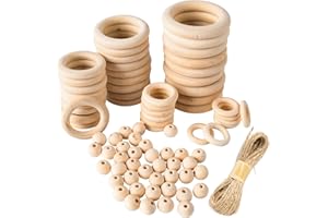Taekooki Perle en Bois Anneau Bois Kit, 40 Perles Rondes en Bois Brut, 50 Pièces Cercle en Bois, pour Fabrication de Bijoux Attrape Reve DIY Décoration Artisanat Accessoire ave Fil de Coton