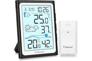 Geevon Wetterstation Funk mit Außensensor, DCF Digital Wettervorhersage, Innen/Außen Temperatur Hygrometer, Funkwetterstationen, Alarmfunktion und Mehrfachmontageoptionen Wecker(256305 ohne batterien)