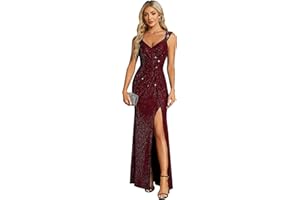 Ever-Pretty Maxi Formal Evening Dress Elegant Sequin V Neck and High Slit Prom Dress 01888