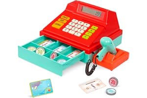 Battat Zabawkowa kasa fiskalna dla dzieci, małych dzieci – 49 szt. – kasa z zabawkami, kartą kredytową, skanerem – zabawka do udawania zabawy – 3 lata + – czerwona kasa fiskalna ze skanerem