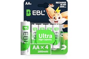 EBL Piles Rechargeables AA 2800mAh 1.2V Ni-Mh, R6/ AA Batteries Nouvel Emballage, Lot de 4 Unités