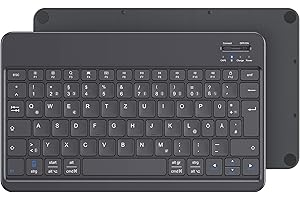 ‎EMETOK Emetok Deutsche Bluetooth Tastatur für iPad Air/Pro/Mini/10.9/10.2/9.7/iPhone/Android, Vergrößerte Tastenkappen, Wiederaufladbar, QWERTZ, Tragbare Kabellose, Ultra-dünn, Schwarz