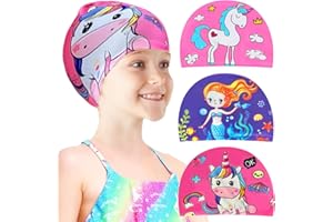 Echehi Cuffia Piscina 3 Pezzi Unicorni e Sirene - per Bambini e Donne, in Poliestere Impermeabile per Capelli Lunghi e Corti, da 4 a 10 Anni