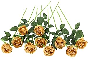 JUSTOYOU 10 rosas artificiales de seda de un solo tallo para el hogar, fiesta, boda, ramo (dorado)