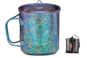 TiTo Titanium Cup Camping Tea Coffee Water Mug Ultralight Portable Cookware 450ml Foldable Handle Titanium Pot with Lid for Outdoor Backpacking Hiking Picnic Drinkware Open Fire (Bright Blue)