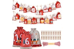 SXUUXB 24 Stück Jute Adventskalender zum Befüllen, Holzklammern Kordel für Selbstbefüllen mit Beuteln,DIY Adventskalender Selber Befüllen, Adventskalender zum Befüllen Kinder 2024