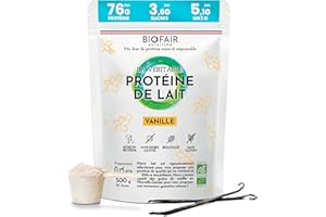 BIOFAIR NUTRITION - Whey Protéine Vanille Bio - Saine, 100% Naturelle et Issue de Nos Pâturages Français - Goût Vanille - 500 Gr