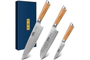 HOSHANHO Set di Coltelli da Cucina Damasco, Professionale Set da Coltelli Acciaio da Damasco 67 Strati, 20cm Coltello da Chef, 18cm Coltello da Santoku, 9.5cm Coltello da Frutta