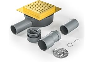 Bernkot Canaleta de ducha cuadrada 10 x 10 cm, sifón de 360° con antiolores y colador para el pelo, acero inoxidable, desagüe de suelo, desagüe de ducha, muy plano, DN50 DN40, dorado, 10 cm de oro