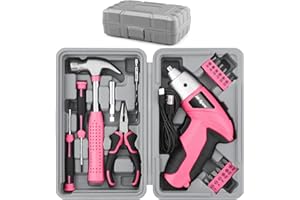 Kit d'outils Hi-Spec 19 pièces, tournevis électrique 3,6V rose USB, kit de bricolage à domicile. Tournevis sans fil et rechargeable, avec boîte à outils compacte