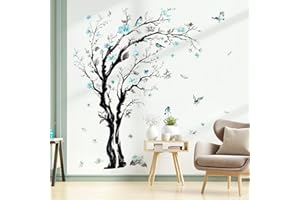 decalmile Stickers Muraux Grand Arbre Fleurs Bleues Autocollant Mural Floral Aquarelle Oiseaux Décoration Murale Chambre Salon Bureau