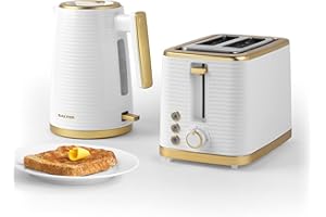 Salter COMBO-7996 Palermo Kettle and Toaster Set – Fast Boil 1.7 L Kettle and 2 Slice Electric Wide Slot Toaster, Water Level Indicator, 7 Browning Levels, Removable Crumb Tray, 3kW/930W, White/Gold