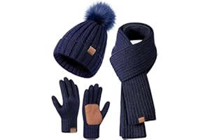 FISFET Mütze, Schal & Handschuh-Sets für Damen, Beanie Mütze Damen Winter mit Bommel Fleece Gefütterte, Touchscreen Handschuhe Schal Wärmer Mütze Damen 3 in 1 Set