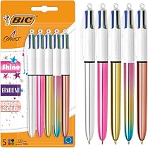 Lot De 4 Stylos 4 Couleurs BIC Shine - Pointe Moyenne 1.0mm, Corps Métallisé Rouge, Bleu, Rose, Violet