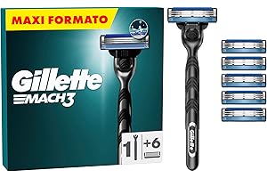 Gillette Mach3 Regolabarba Uomo, Lame Rasoio a Mano Libera, 1 Manico e 6 Lamette da Barba da 3 Lame, Facile Risciacquo, con Gel Lubrificante, Fino a 15 Rasature con 1 Testina, Gillette Mach 3