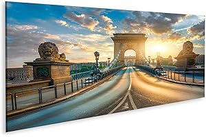 islandburner Bild auf Leinwand Kettenbrücke Budapest Statuen Löwen Sonnenaufgang Ungarn Bilder Wandbilder Poster
