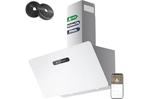 CIARRA CBCW9736K A+++ Dunstabzugshaube 90 cm Umluft Abluft App SensorTouch Bedienung Kopffreie Schräghaube 650m³/h CBCF003 Aktivkohlefilter Wandhaube Edelstahl Glas Weiß