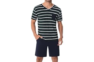 Leversic Verano Conjunto de Pijama Hombre Ropa de Dormir de Algodón Camisetas de Pijama a Rayas de Manga Corta y Pantalones Cortos para Dormir con Bolsillos