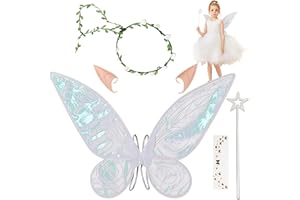SSKHE Fairy Wings with Flower Crown, Elf Ears & Star Wand, Glitter Tulle Costume Accessories for Halloween, Christmas, Birthday Party(60x48cm)