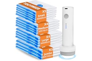 TOUYINGER Vacuum Storage Bags for Clothes, 16 Pack Travel Vacuum Bags with Wireless Pump, Reusable Space Saver Bags for for Travel and Home