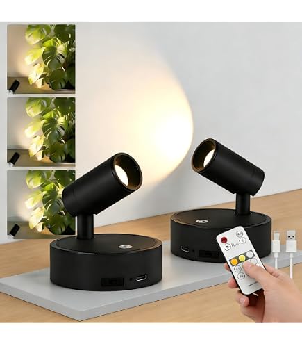 HONWELL Lot 2 Projecteurs LED Sans Fil à Piles – Lumière Accent Rotative, Télécommande, 12 Couleurs RVB + Blanc Chaud – Idéal Fléchettes, Tableaux, Cuisine