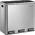 SONGMICS Kitchen Bin, 3 x 18 L Recycling Bin, 3 Compartment Rubbish Bin for Recycling and Waste, 15 Liners Included, Soft-Close Lids, Pedals, Inner Buckets, Steel, Metallic Silver LTB54NL