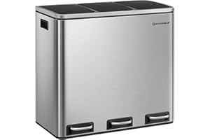 SONGMICS Kitchen Bin, 3 x 18 L Recycling Bin, 3 Compartment Rubbish Bin for Recycling and Waste, 15 Liners Included, Soft-Close Lids, Pedals, Inner Buckets, Steel, Metallic Silver LTB54NL