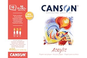 Canson Acrylic, Blocco Carta per Colori Acrilici Grana Telata, A4, 400gm, 10 Fogli, Collato un Lato
