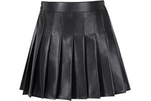 Valcatch Filles Jupe en Cuir Plissé Enfants Casual Brillant Plissé Stretch Taille Jupes Patineur pour 3-12 Ans