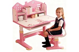 Tifemap Höhenverstellbarer Kinderschreibtisch und Stuhl Set ab 3 Jahren, Schreibtisch Kinder mit Schublade und Bücherregalen, Kinder Schreibtisch für Hausaufgaben, Malen und Bastelarbeiten (Rosa 2)