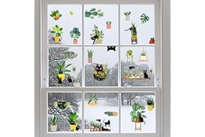 PLIGREAT 6 Sheets Black Cats Green Plants Window Stickers, Static Window Decals Removable Window Clings for Home Living Room Balcony Kitchen Cafe Book Store Window Decoration Sliding Glass Door Decor