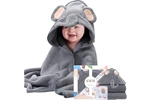 ZXK CO Hooded Baby Towel with Elephant Hood, Absorbent Flannel Baby Blanket Set with Muslin Squares, New Born Essentials, Personalised Newborn Gift (Grey)