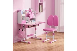 CUKOEKIM Children Adjustable Desk and Chair Set, Kids Study Table Chairs with Dividers ＆ Drawers, Home School Writing Table with Ergonomic Chairs, Kids Desk Chair Set with Reading Rack ＆ Backpack Hooks (Pink)