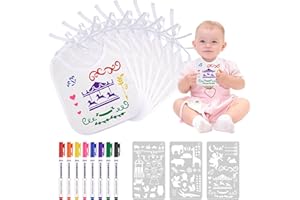 Ailvor Lätzchen zum Bemalen, 8 Stück Lätzchen Bemalen Babyparty, Lätzchen Weiß Doppelseitiges mit 8 Textilstifte und 3 Malen Schablonen, Baby Shower Spiele für Babyparty, Geschenk Junge Mädchen