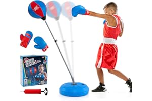 RELAX4LIFE Punching Ball con Guantini per Adulti e Bambini, Sacco da Boxe con Altezza Regolabile 120-154 cm, Palla di Pugilato da Terra con Base Stabile