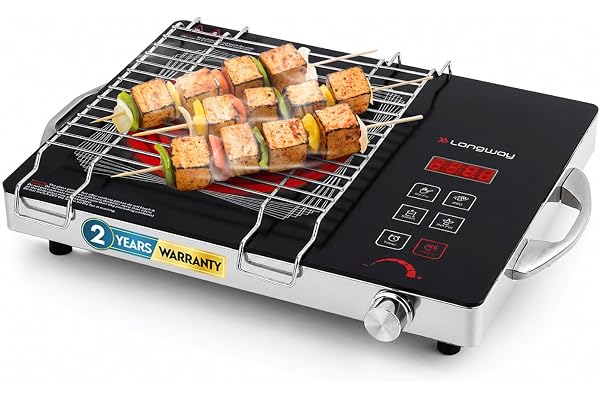 Longway Infralite Pro 2200W Infrared Induction Cooktop with Steel Grill Rack, Crystal Glass Top, Touch Panel & Digital Displa