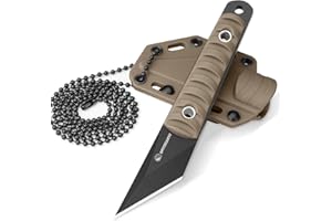 SPITZKANTE Cuchillo de Supervivencia – Mini cuchillo de hoja fija de 5,6?cm en acero 5Cr14MoV, con funda de ABS y cadena de bolas, hoja negra y mango caqui
