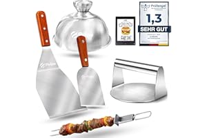 PUKPU 5-Teiliges Burger Smasher Edelstahl-Set - Inkl. Burgerpresse, 2 Grillspachtel, Burgerglocke und Grillspieße - Smash Bur