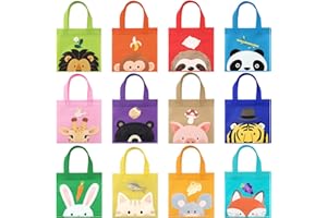 CLEBOEN 12 PCS Dschungel Safari Party Geschenktüten Kindergeburtstag Mitgebsel Dschungel Tiere Non Woven Taschen mit Henkel Geburtstag Geschenk Tüten Kinder Party Partytütenfüller (12 Tierdruck , 20cm*20cm）