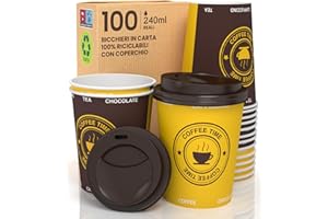 BACIATO CAFFÈ 100 Bicchieri Caffè ASPORTO in Carta 240ml con COPERCHIO Bevande Calde e Fredde come Tè Infusi Acqua Cappuccino sono Ecologici Biodegradabili Tazze Monouso Colorate + 100 Coperchi con Beccuccio