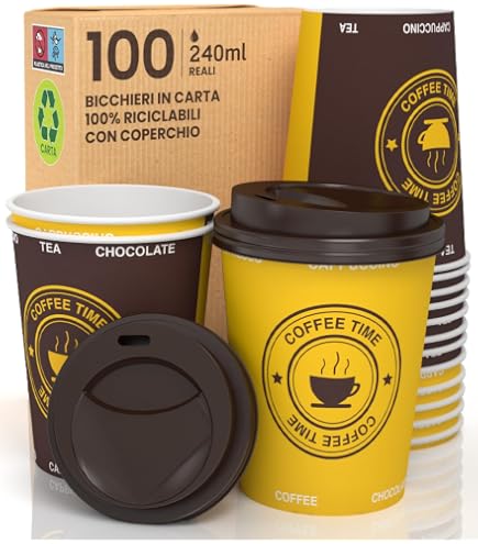 Nicoletti 100 Bicchieri di Carta Bianchi per Caffè americano,cappuccino, the o bevande da passeggio con coperchio nero o bianco coffee to go munito di foro per bere (Medio 350 ml